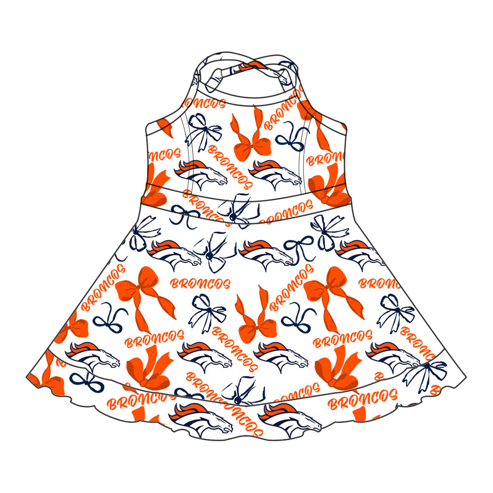 Preorder (moq 5)Baby Girls Strap Orange Broncos Bows Short Team Knee Length Dresses