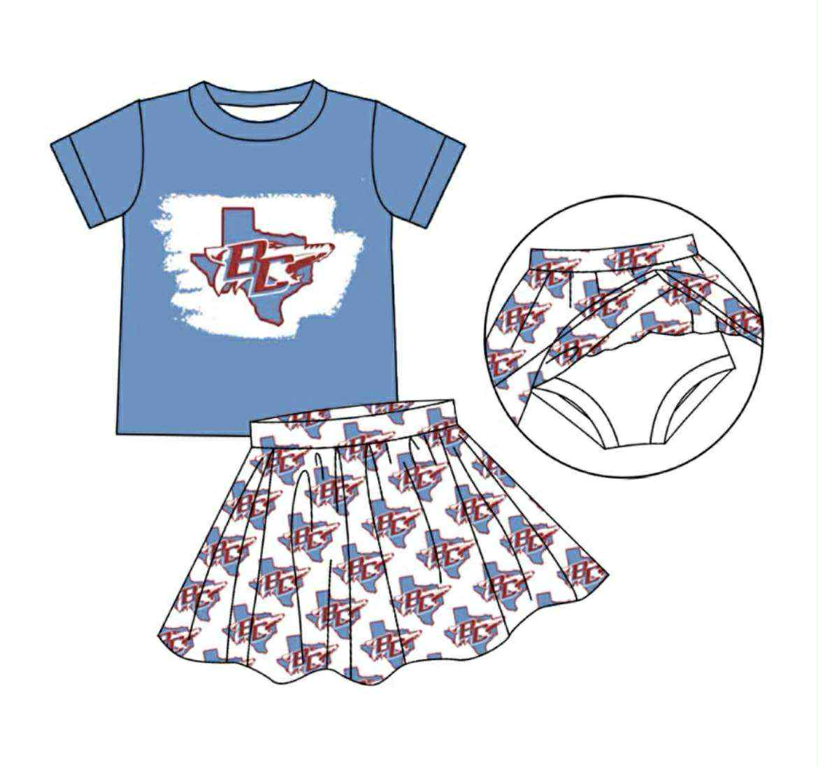 Preorder moq 5 Baby Girls Blue Short Sleeves BC Top Plaid Skorts Team Set