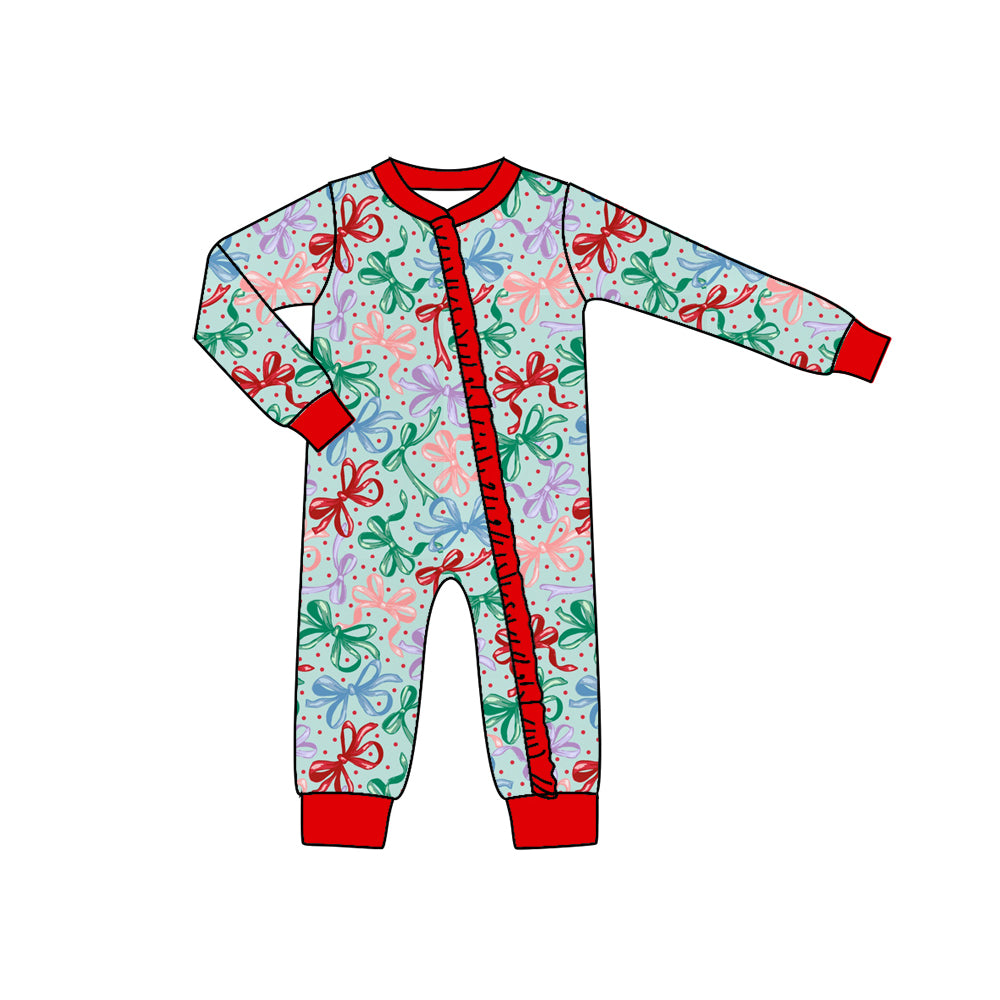 Baby Girls Christmas Bows Long Sleeve Zip Bamboo Rompers Preorder(moq 5)