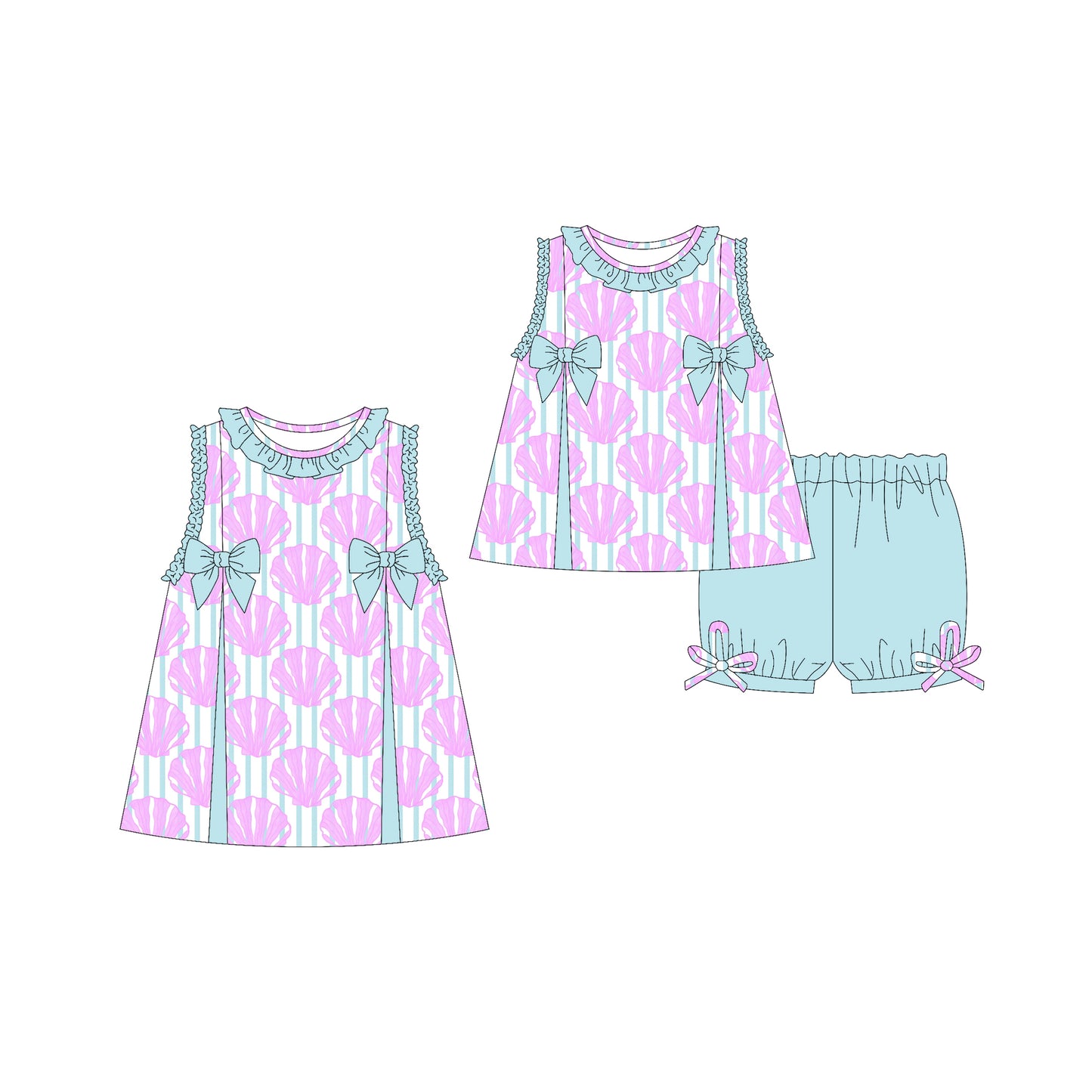 Preorder moq 5 Custom Baby Girls Sleeveless Pink Shells Tunic Blue Ruffle Short Set Knee Length Dresses
