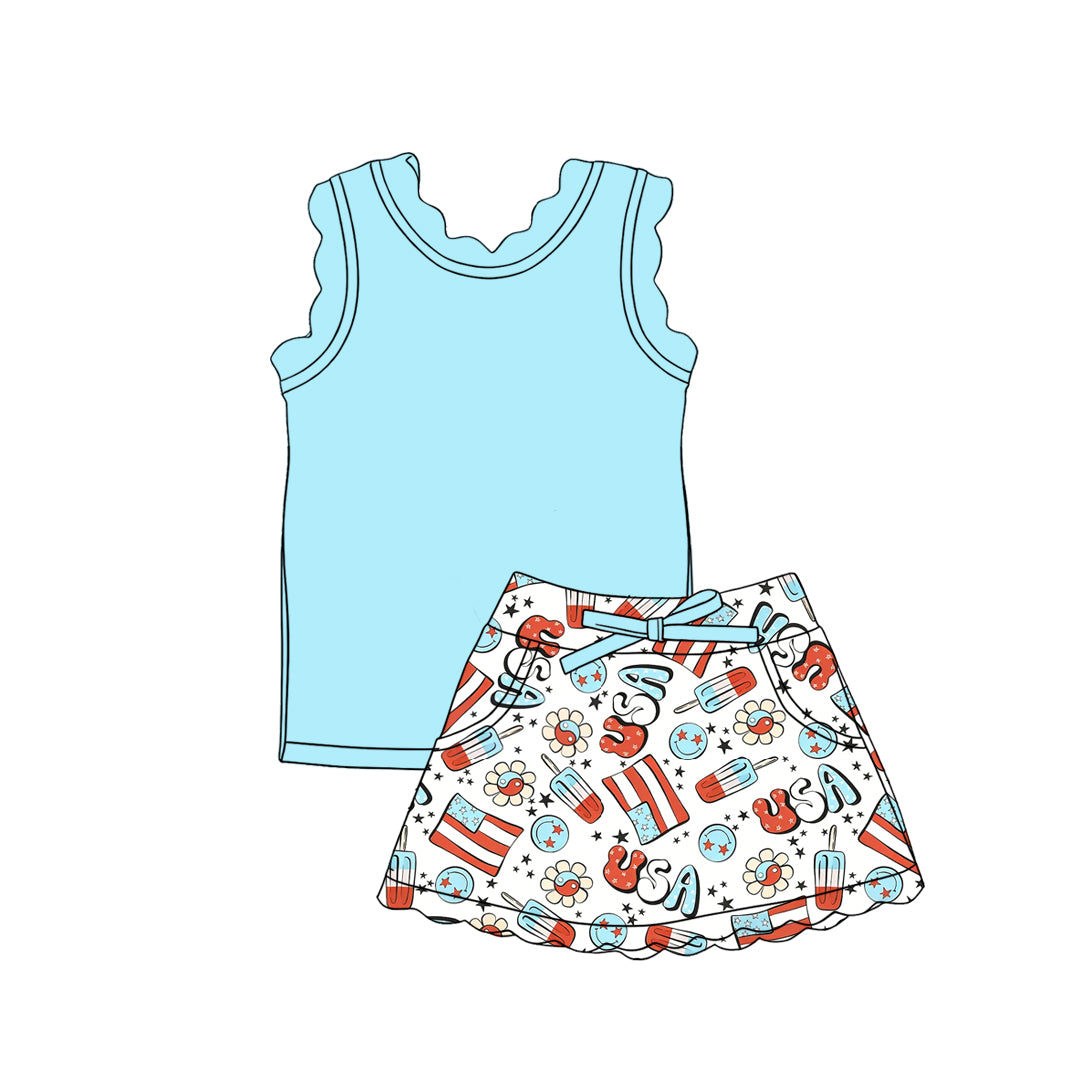 Preorder (moq 5)Baby Girls Aqua Vests USA Flowers Scallop Pockets Skirt Shorts 4th of July Sets