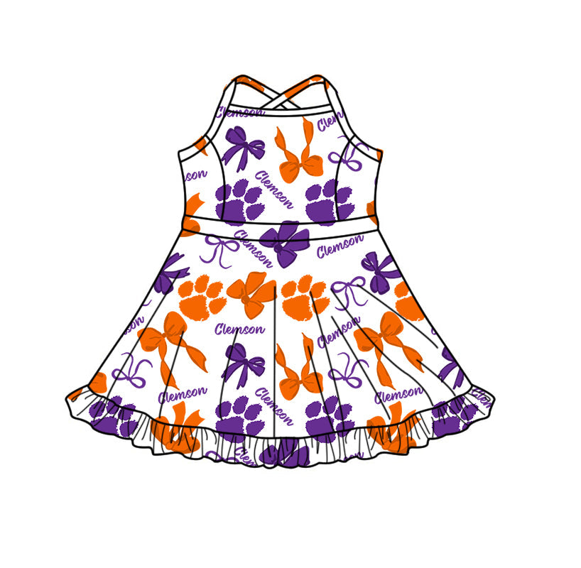 Preorder (moq 5)Baby Girls Strap Bows Clemson Team Shorts Ruffle Knee Length Dresses