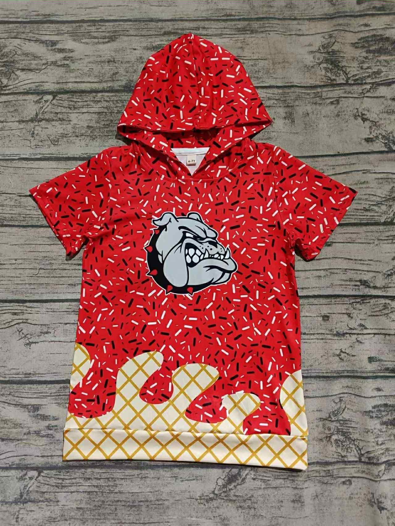Preorder (moq 5)Baby Boys Red Short Sleeves Bulldogs Drip Team Hoodies Top