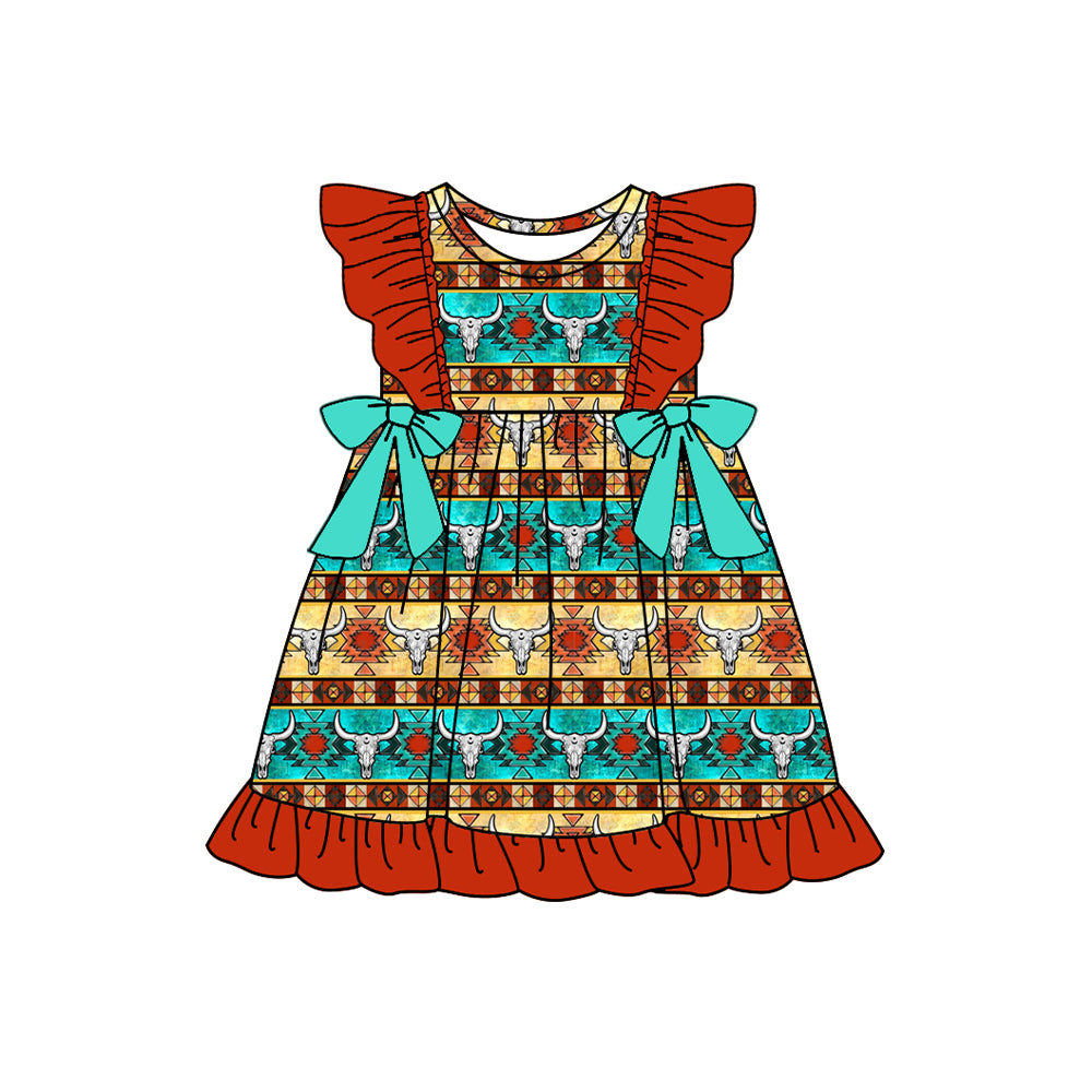 Preorder (moq 5)Baby Girls Western Cow Colorful Aztec Bows Knee Length Dresses