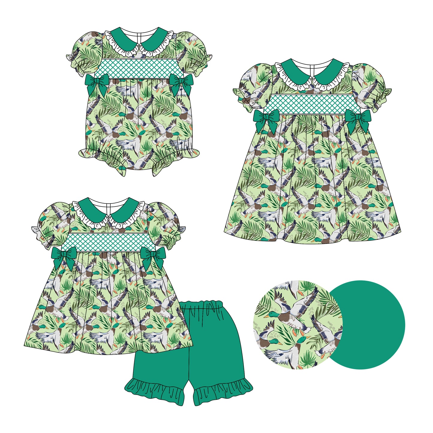 Preorder moq 5 Custom Baby Girls Green Short Ruffle Sleeves Ducks Bows Tunic Ruffle Short Set Knee Length Dress Rompers