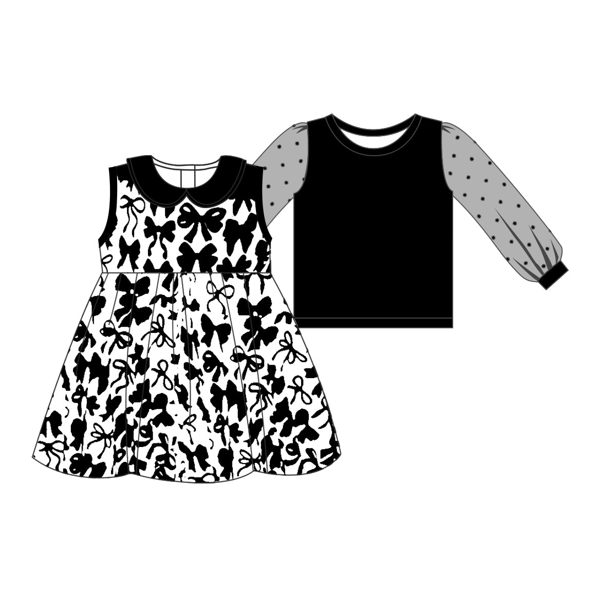 Preorder (moq 5)Baby Girls 2Pcs black Top bows dresses Clothes Sets