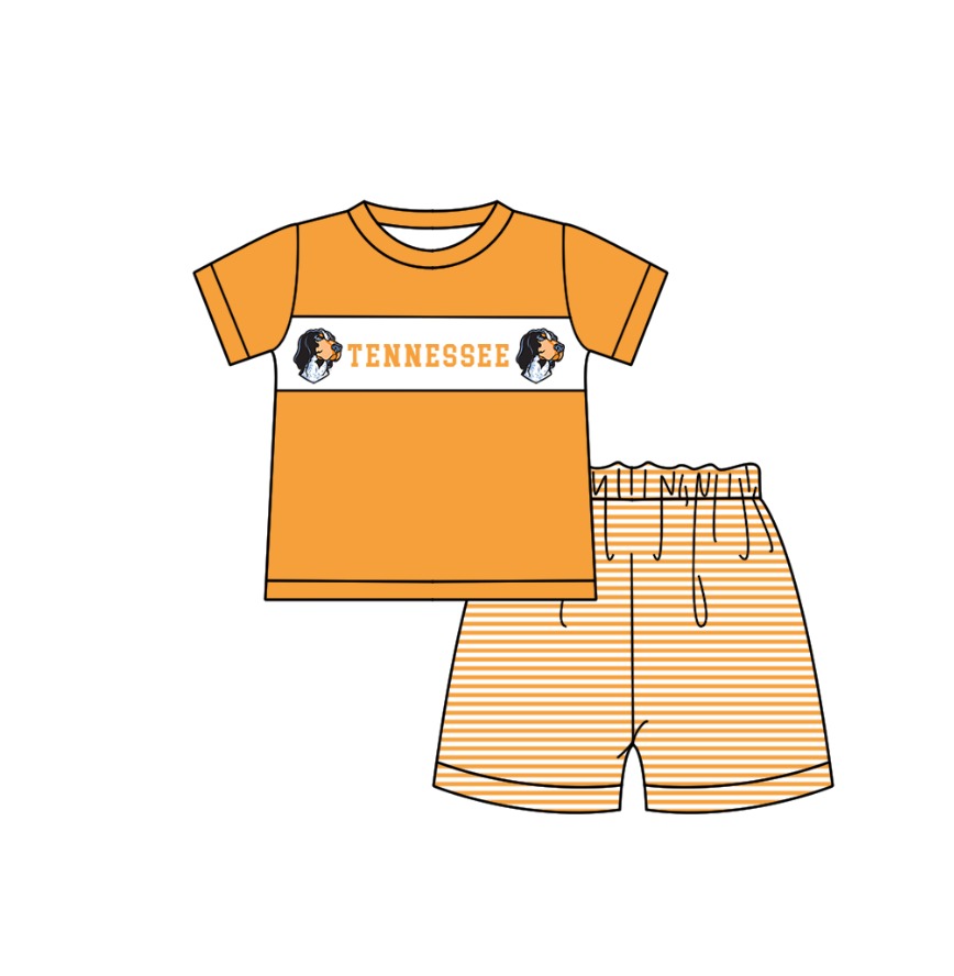 Preorder (moq 5)Baby Boys Orange Short Sleeve Tennessee Top Stripe Short Team Clothes Sets