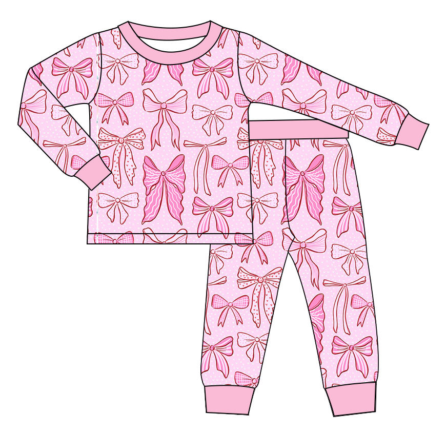 Preorder (moq 5)Baby Girls Pink Hearts Bows Top Pants Valentines Pajamas Sets