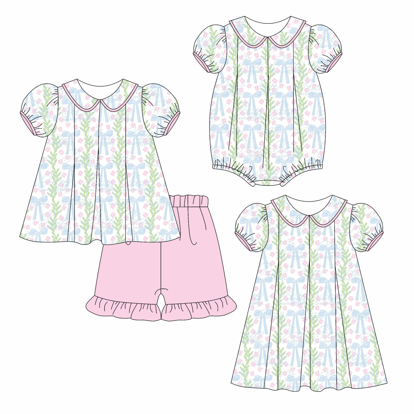 Preorder moq 5 Custom Baby Girls Aqua Bows Floral Tunic Pink Ruffle Short Set Knee Length Dress And Rompers