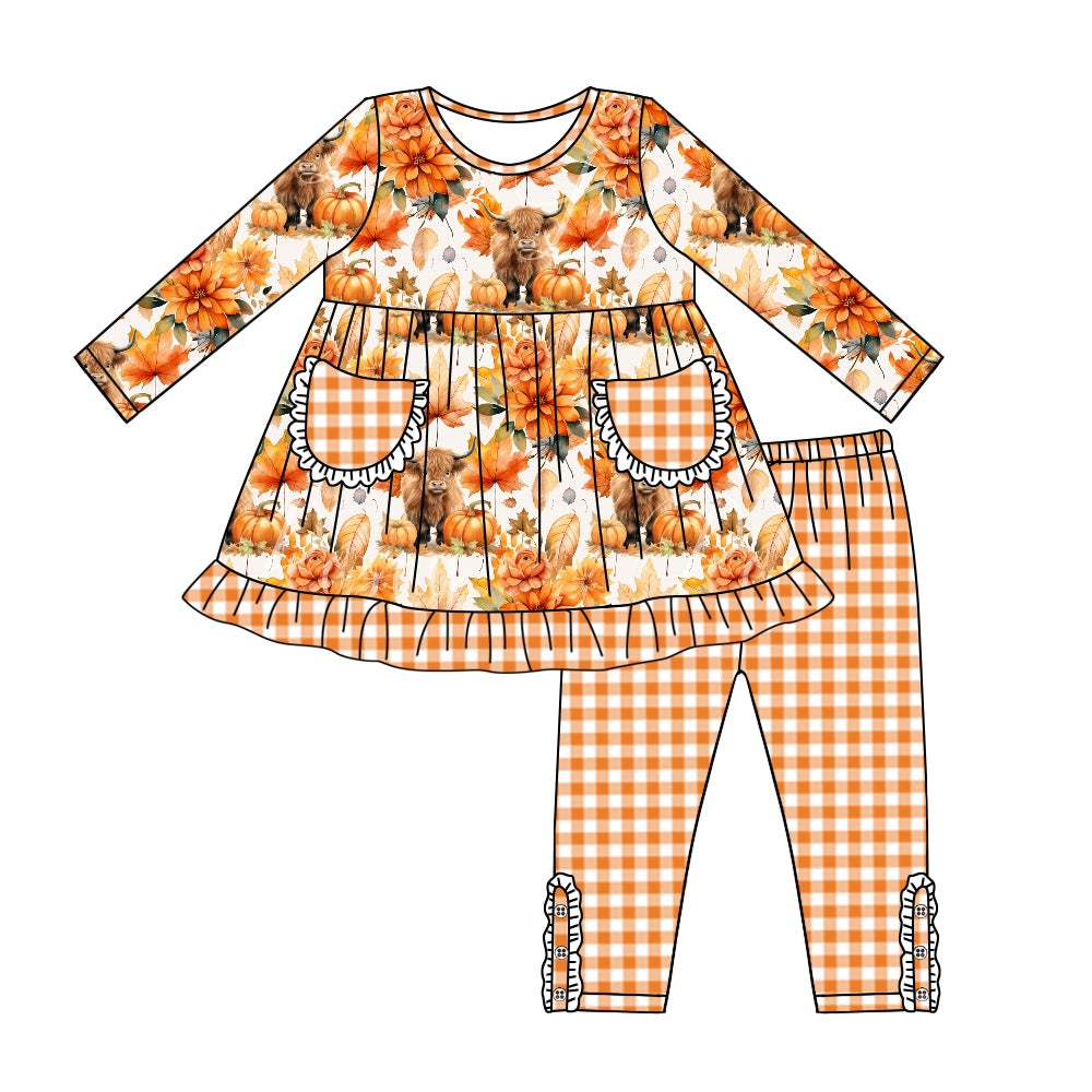 Baby Girls Fall Highland Cow Pumpkin Leaves Pockets Tunic Pants Outfits Sets Preorder(moq 5)