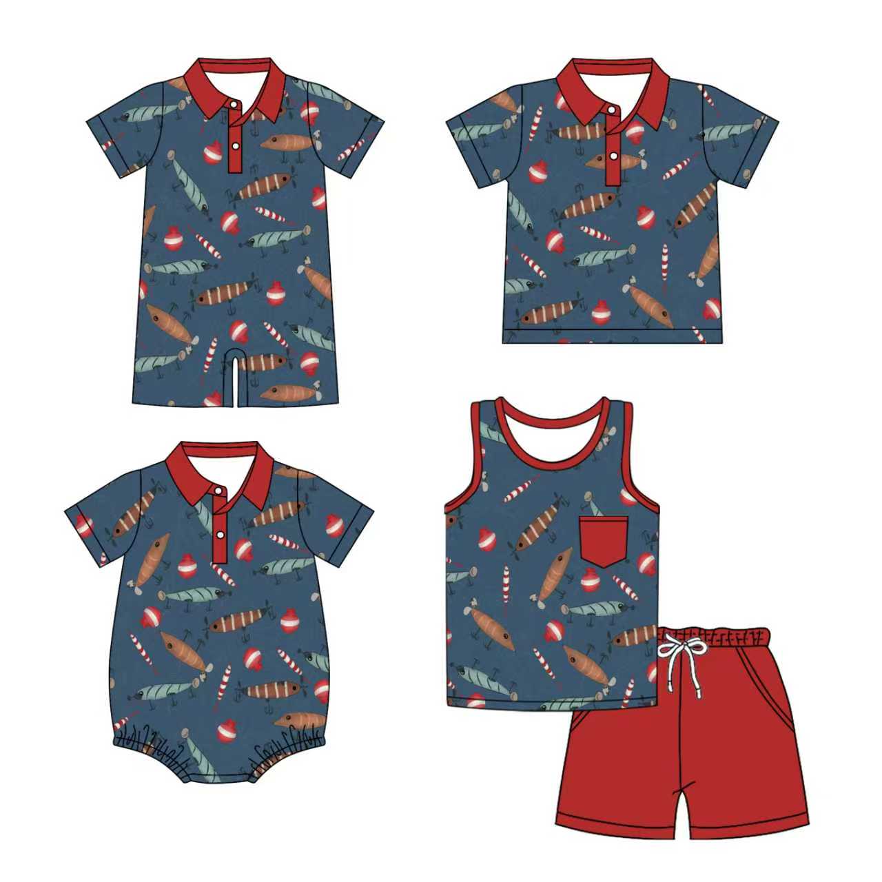 Preorder moq 5 (each item)Baby Boys Fishing Button Pocket Shorts Hunting Clothes Set Polo Shirt Rompers