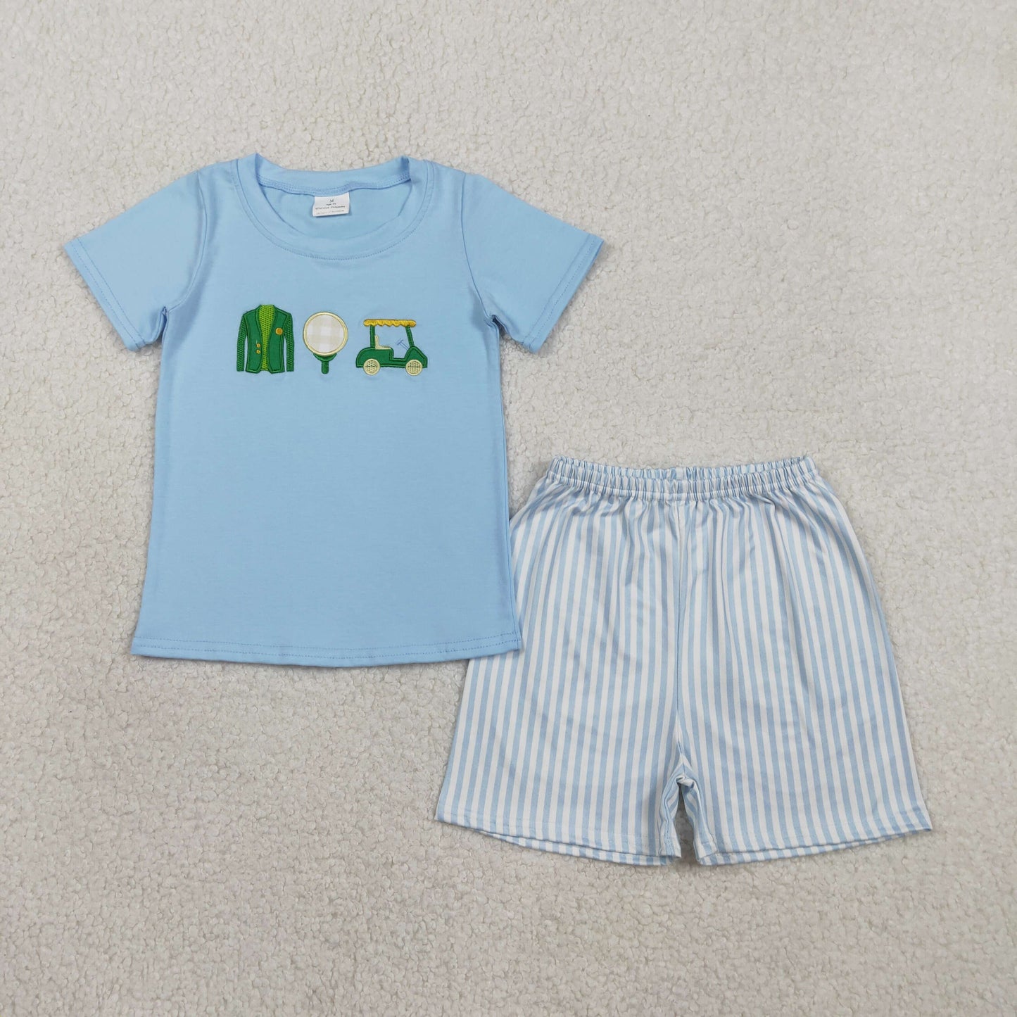Embroidery Golf Trucks Baby Boys Shirts Top Stripe Shorts Clothes Sets