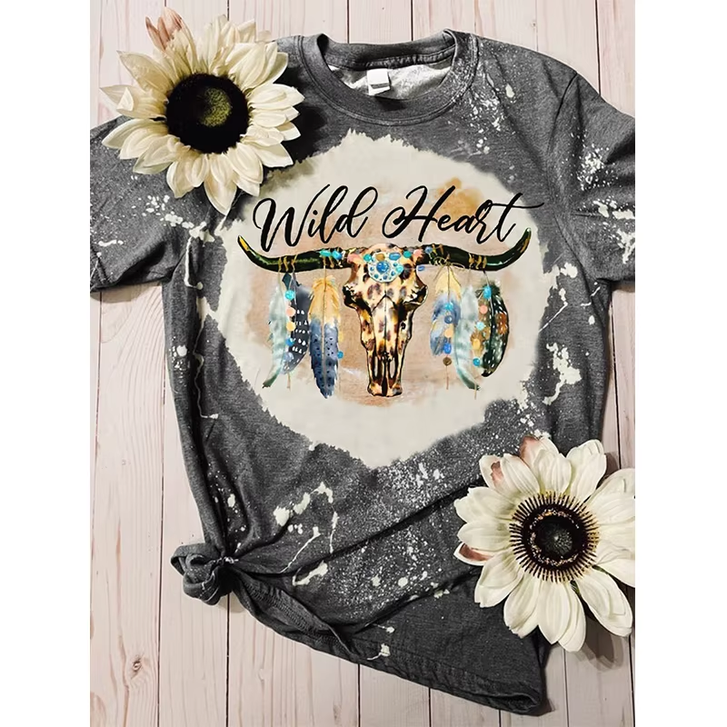 Preorder moq 5 Adult Women Western Wild Heart Cow Feather Bleached Tee Shirts Tops