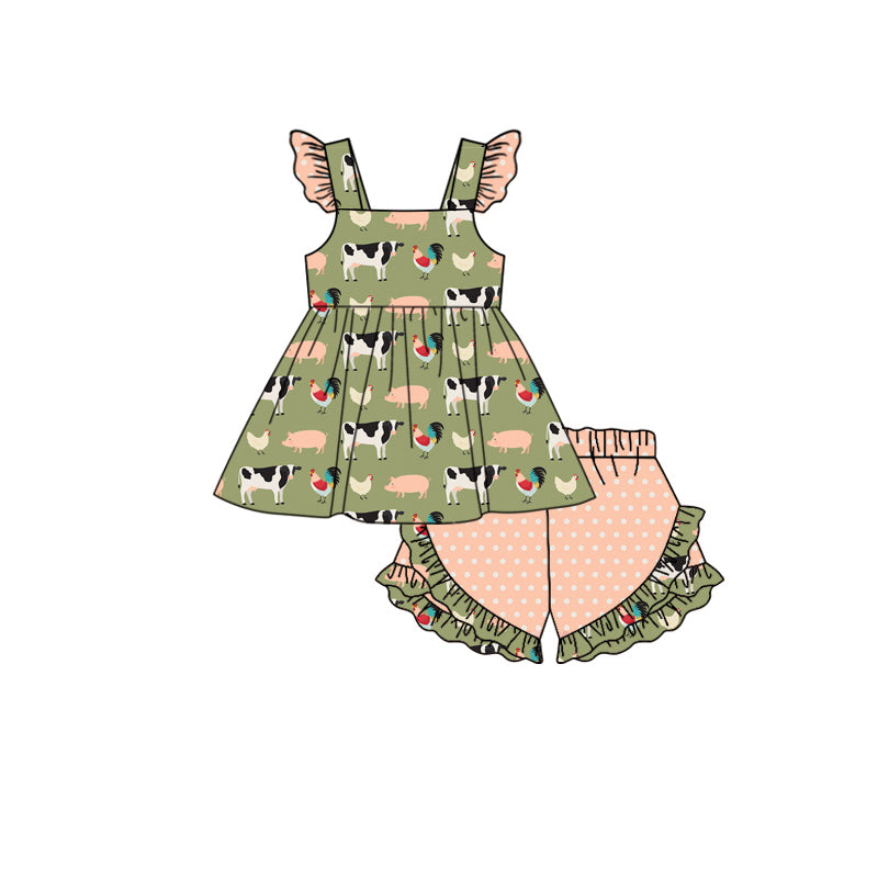 Preorder (moq 5)Baby Girls Green Farm Tunic Top Ruffle Shorts Clothes Sets