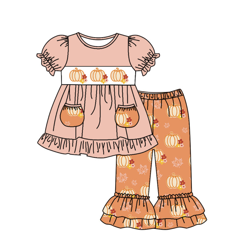 Baby Girls Pumpkin Bows Pocket Tunic Top Ruffle Pants Clothes Sets Preorder(moq 5)
