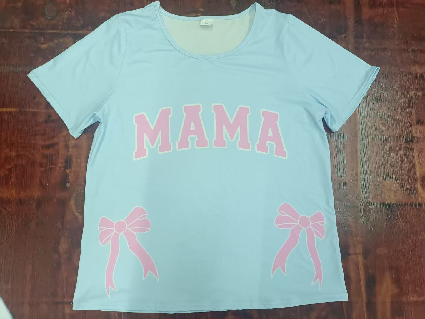 Preorder moq 5 Baby Girls Blue Short Sleeves Pink Mama Bows Tee Shirts Top