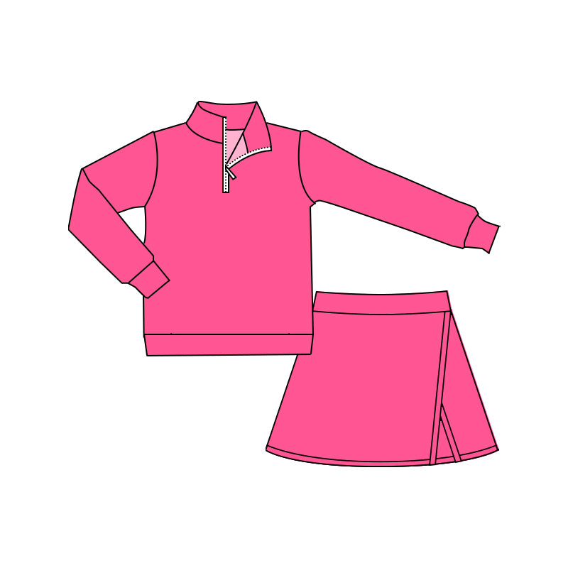 Preorder (moq 5)Baby Girls Hot Pink Long Sleeves Zipper Pullover Skort Set