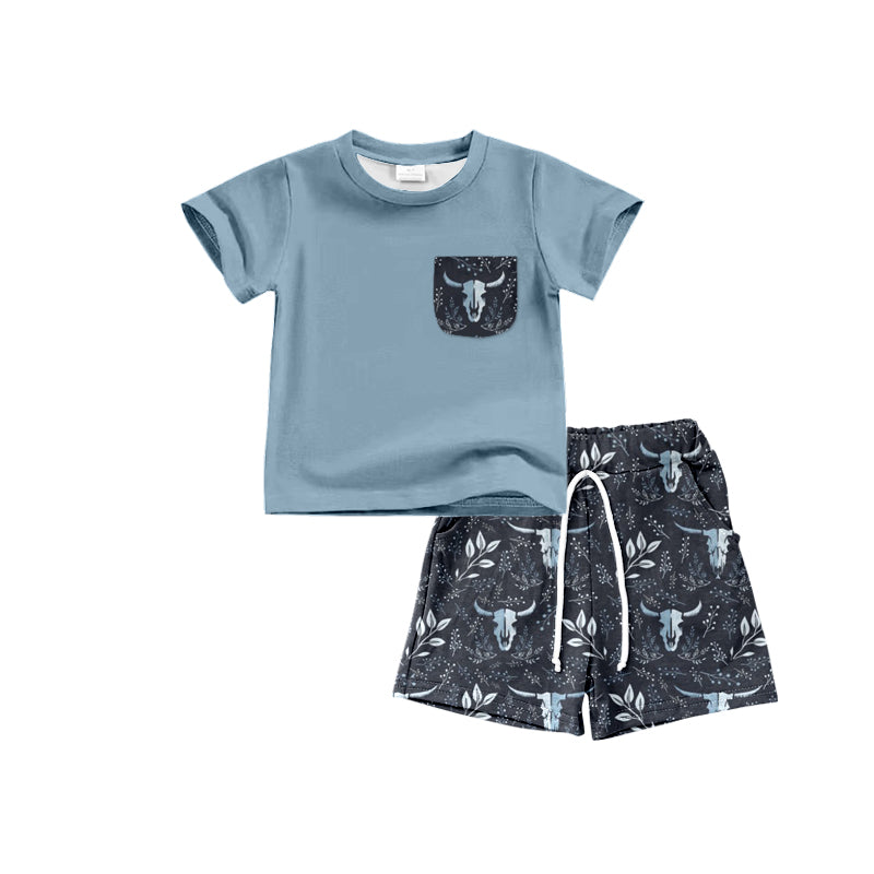 Baby Boys Shirt Pocket Top Western Cow Navy Shorts Clothes Sets preorder(moq 5)