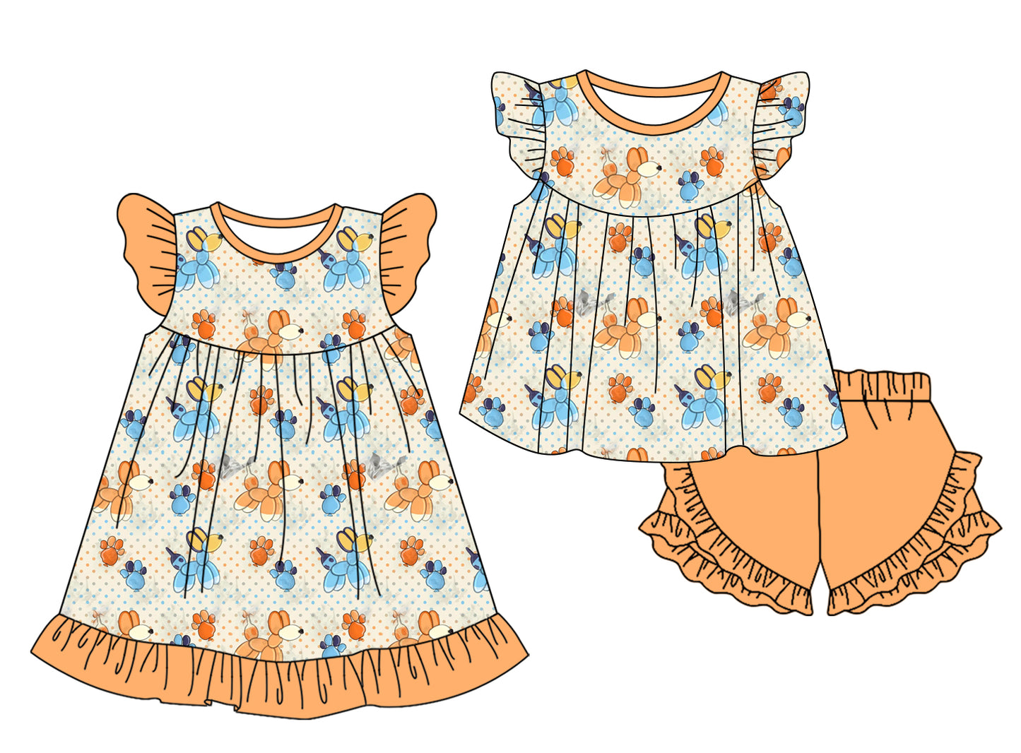 Preorder moq 5 Custom Baby Girls Orange Flutter Sleeves Balloon Dogs Polka Dots Tunic Ruffle Short Set Knee Length Dress