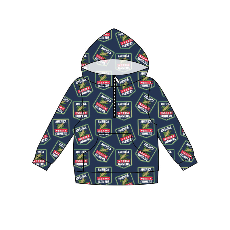 preorder(moq 5) Baby Boys Navy Farm Long Sleeve Zip Hooded Shirts