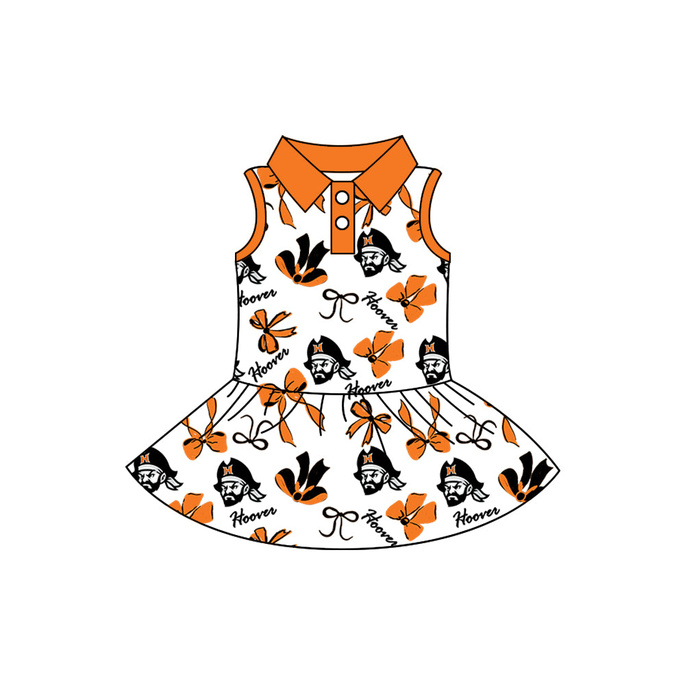 Preorder (moq 5)Baby Girls Sleeveless Orange Bows Hoovet Button Team Knee Length Dresses