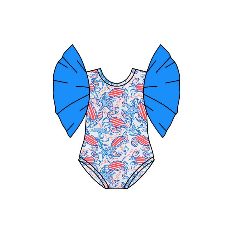 Preorder(moq 5)Baby Infant Girls 4th Of July Crabs Flutter Sleeve Rompers
