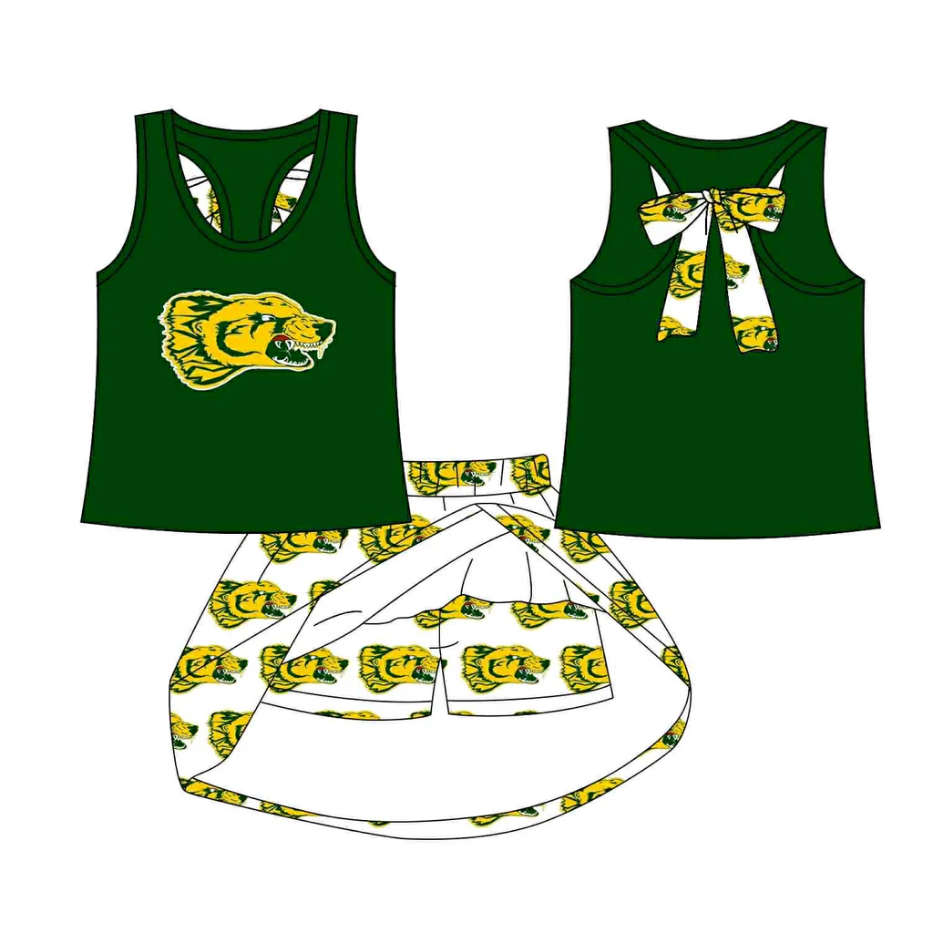Preorder (moq 5)Baby Girls Green Leopard vest team Top Skirt Skort Sets