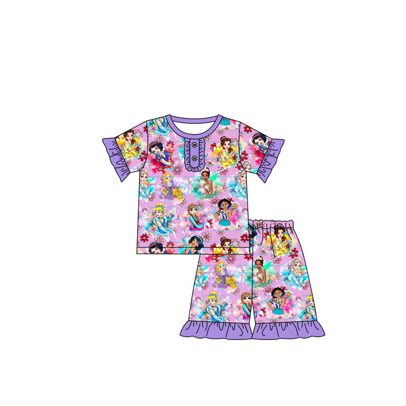 Preorder (moq 5)Baby Girls Princess Purple Shirts Top Ruffle Shorts Pajamas Clothes Sets