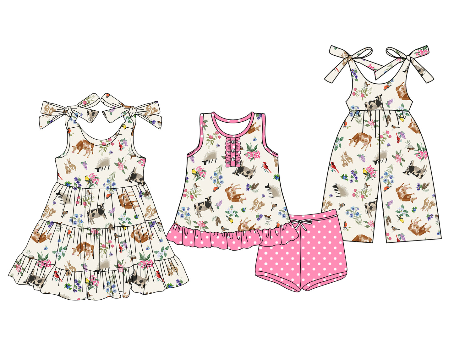 Preorder moq 5 Custom Baby Girls Pink Cows Rabbits Button Tunic Polka Dots Short Farm Set Knee Length Dress Jumpsuits