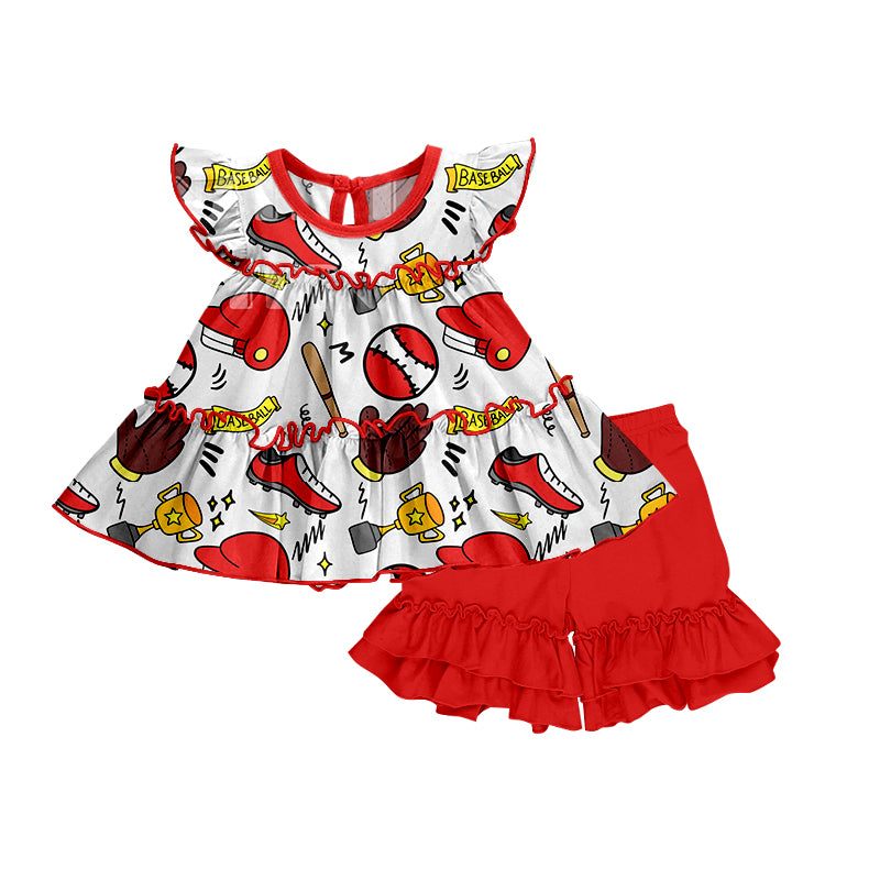 Baby Girls Baseball Red Tunic Top Ruffle Shorts Clothing Sets Preorder(moq 5)