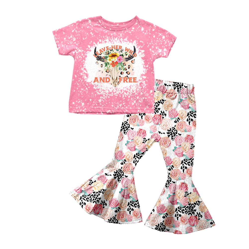 Baby Girls Wild Free Cow Skull Shirt Bell Pants Western Clothes Sets preorder(moq 5)