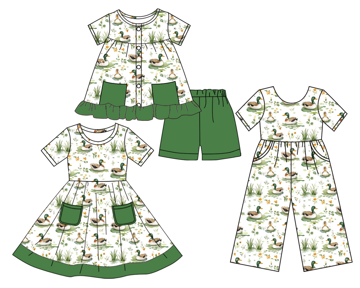 Preorder moq 5 Custom Baby Girls Short Sleeves Button Ducks Green Pockets Tunic Short Set Knee Length Dress Jumpsuits