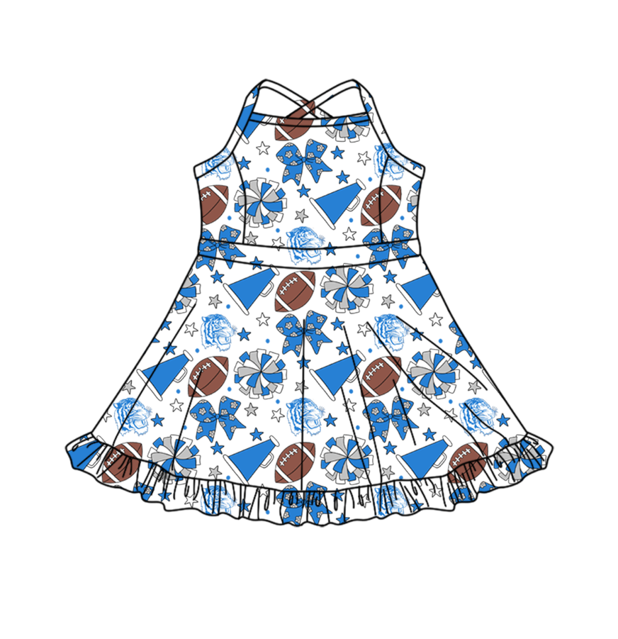 Preorder (moq 5)Baby Girls Strap Bows Stars Footballs Team Shorts Ruffle Knee Length Dress