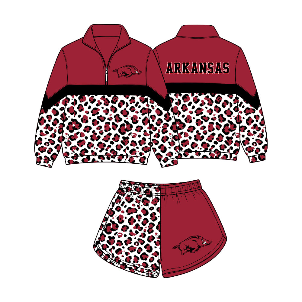 Preorder (moq 5)Baby Girls Black Red Leopard Arkansas Zip Pullovers Short Team Clothes Set
