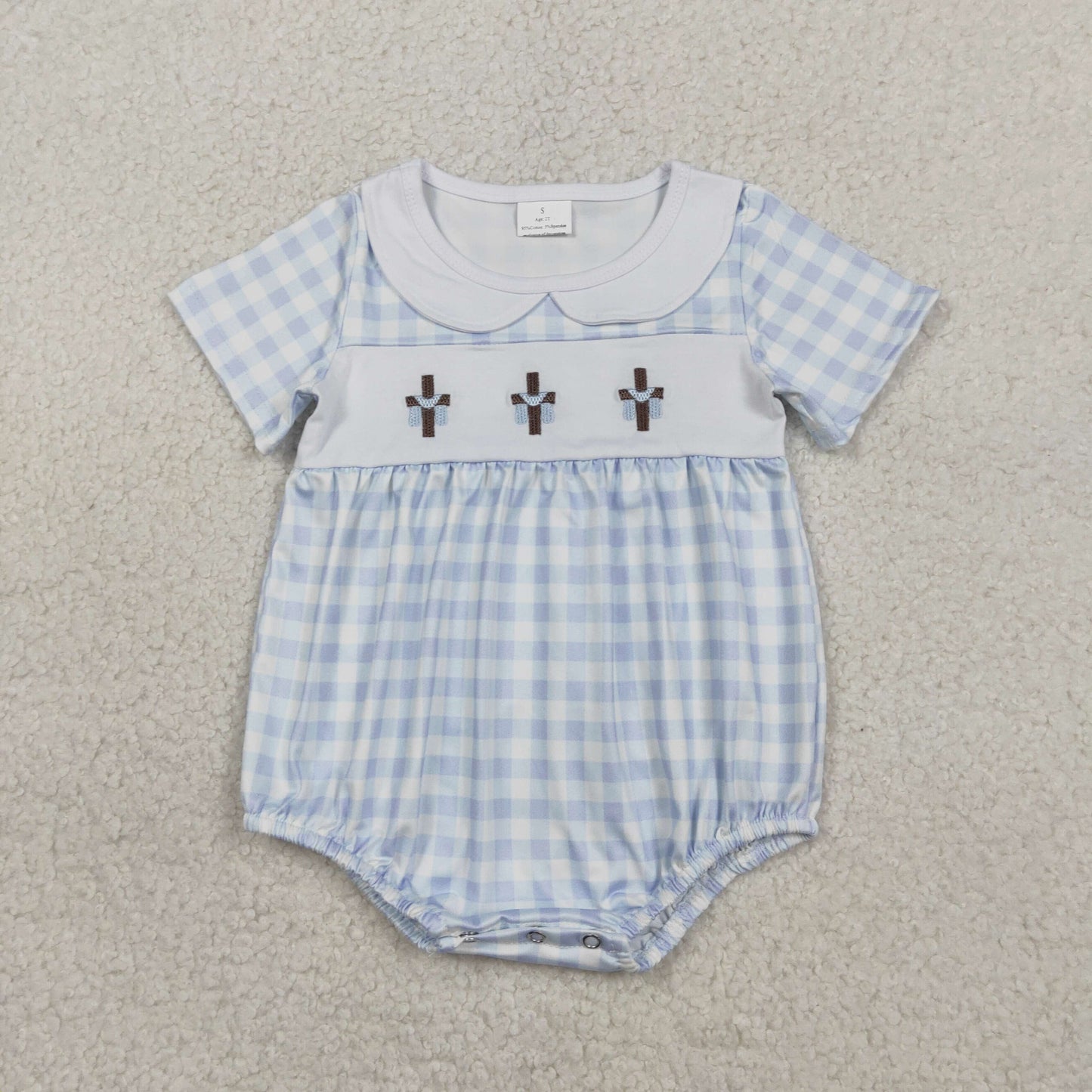Embroidery Crosses Baby Boys Blue Checked Easter Collar Rompers