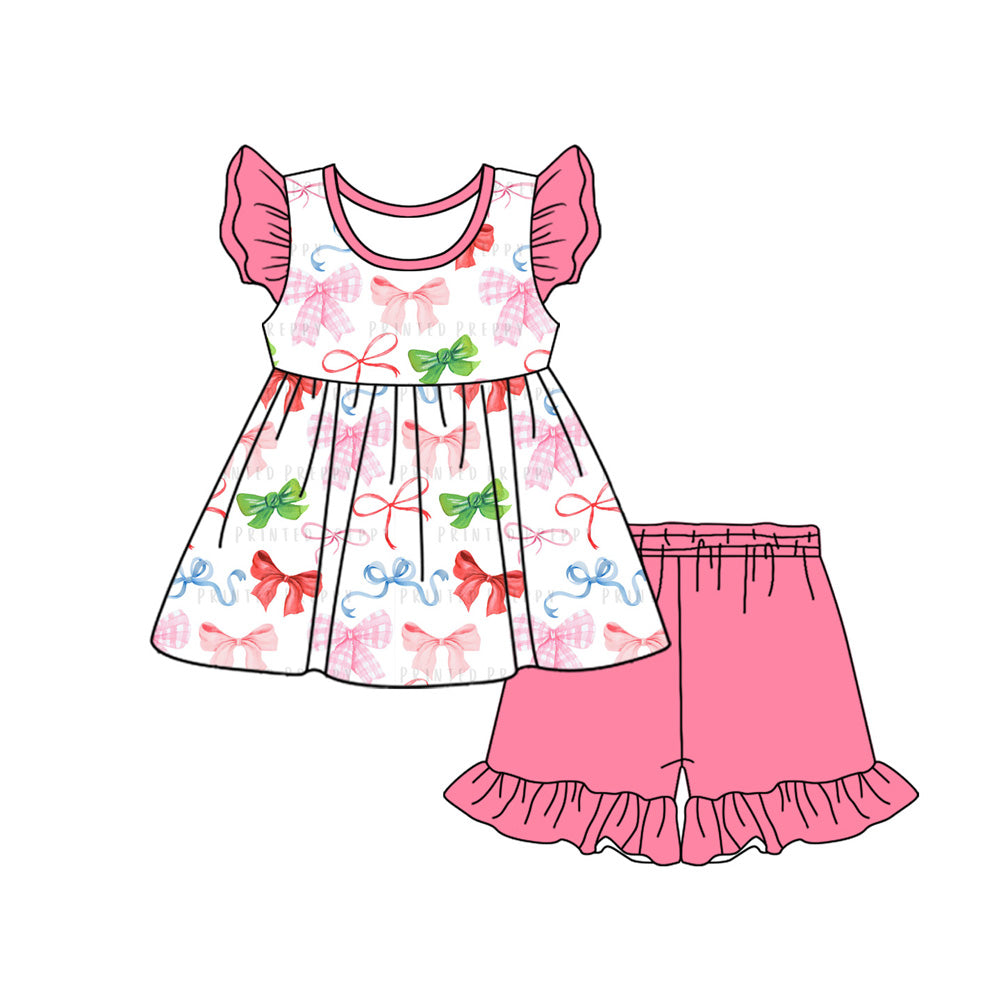 Preorder (moq 5)Baby Girls Colorful Bows Tunic Top Ruffle Shorts Clothes Sets