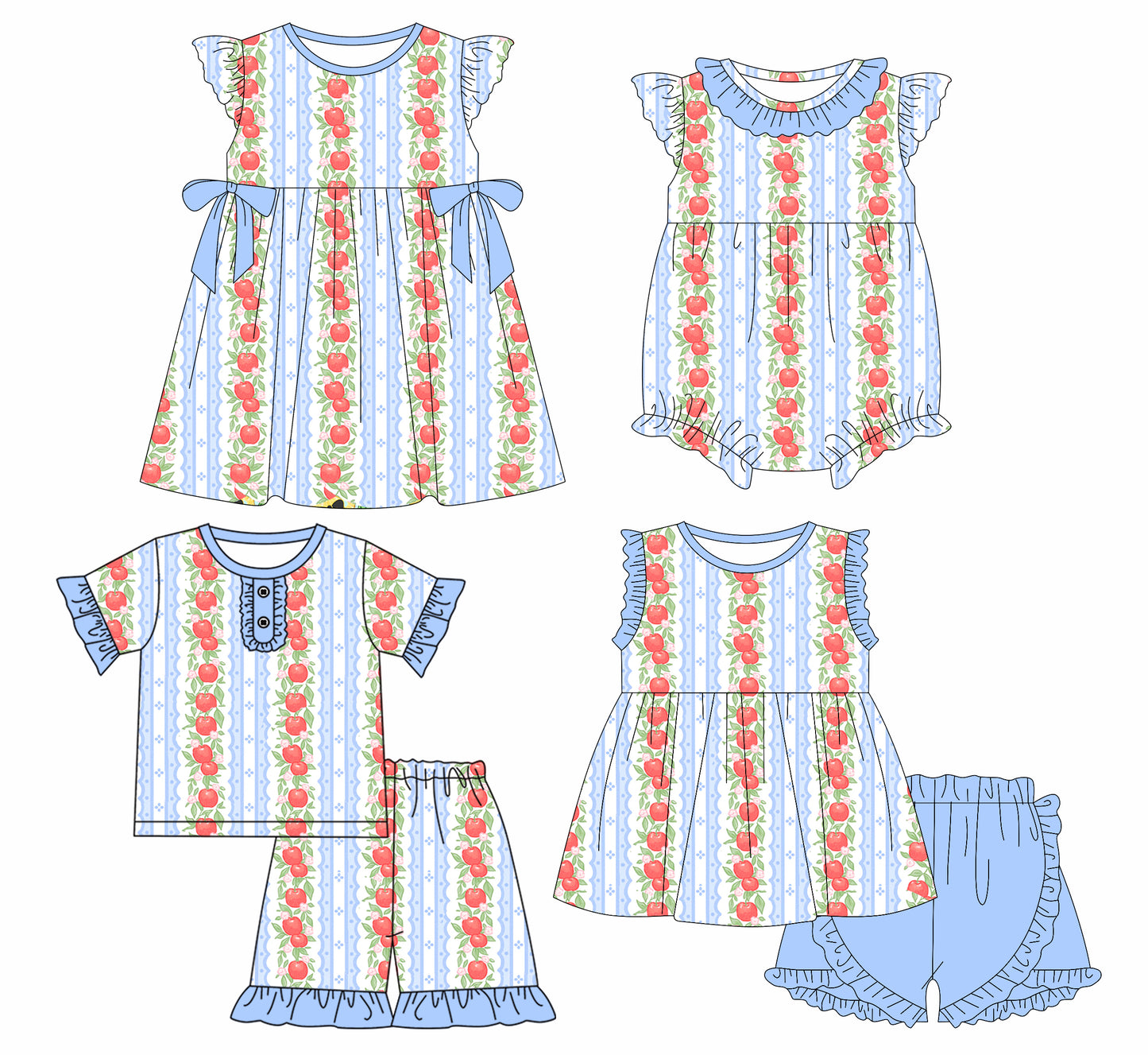 Preorder moq 5 Custom Baby Girls Short Sleeves Apples Stripe Top Shorts Set Knee Length Dress Romper