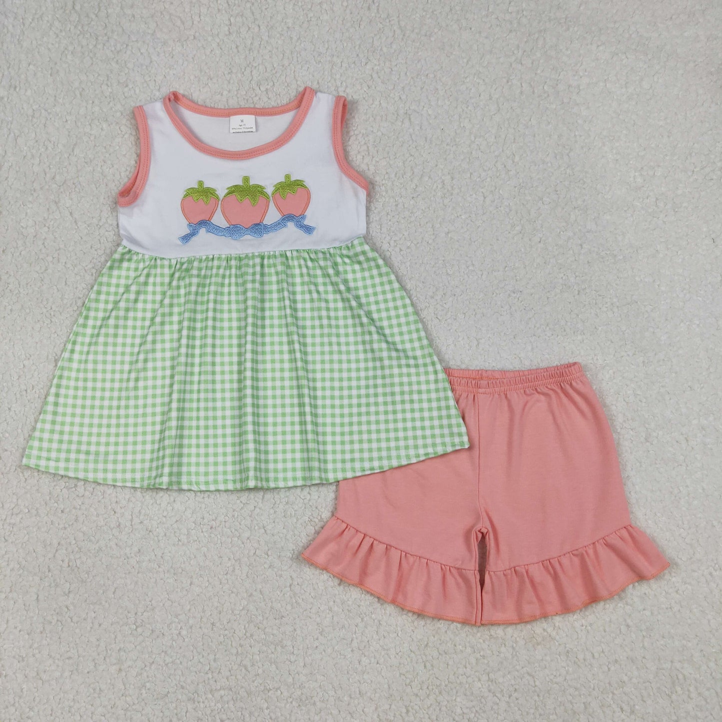 Embroidery Strawberry Baby Girls Checked Tunic Ruffle Shorts Clothes Sets