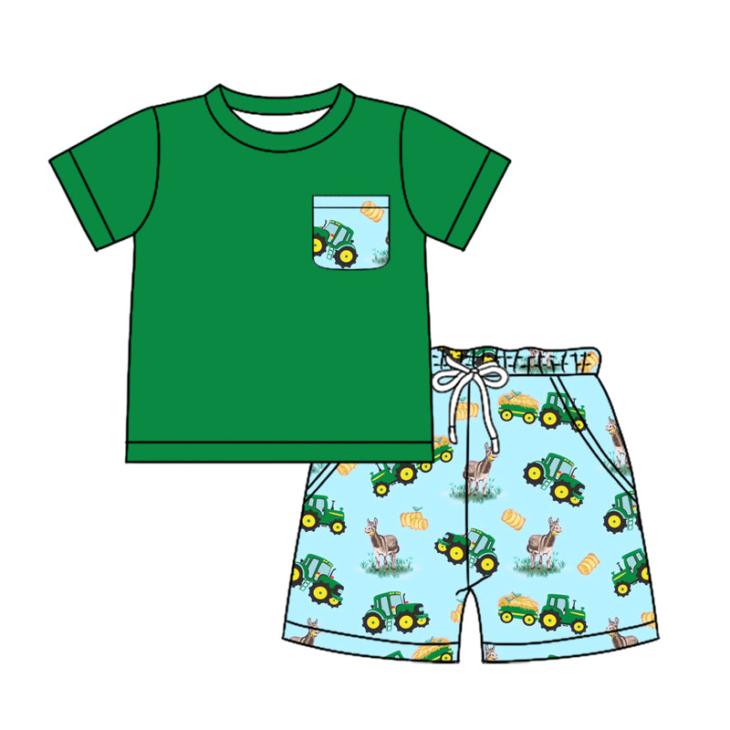 Preorder (moq 5)Baby Boys Green Pocket Shirt Top Farm Trucks Shorts Outfits