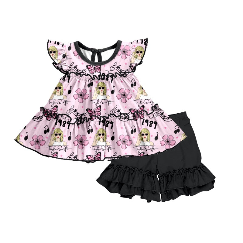 Baby Girls Butterfly Music Pop Singer Tunic Ruffle Shorts Clothes Sets preorder(moq 5)