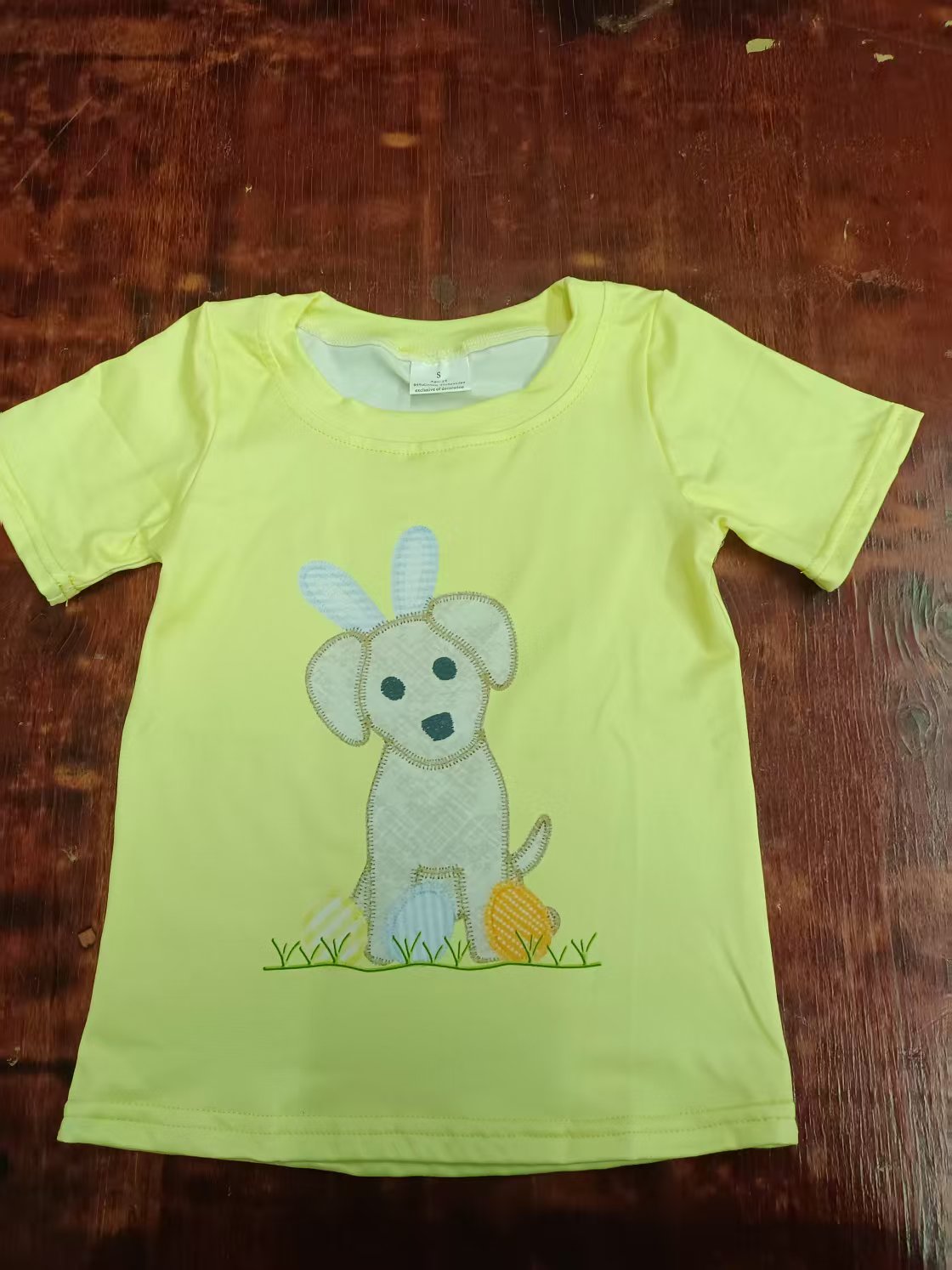 Preorder moq 5 Baby Boys Yellow Short Sleeves Bunny Dog Eggs Tee Shirts Top