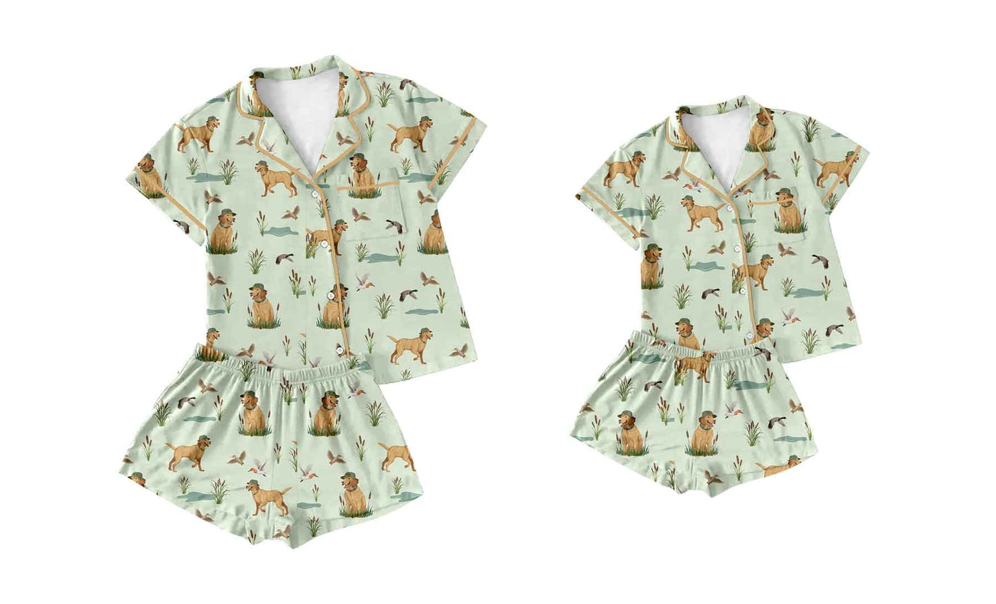 Preorder (moq 5 each) Family Women Baby Kids Green Dogs Hunting Buttons Top Shorts Pajamas Clothing Sets