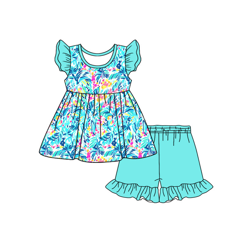 Preorder (moq 5)Baby Girls Blue Tree Leaves Tunic Top Ruffle Shorts Clothes Sets