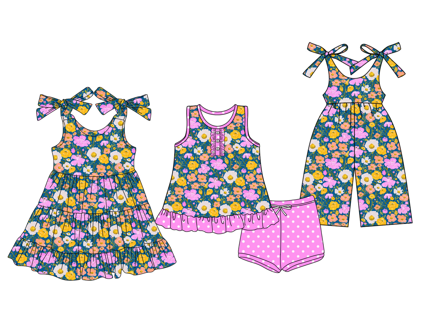 Preorder moq 5 Custom Baby Girls Colorful Flowers Button Tunic Pink Polka Dots Short Set Knee Length Dress Jumpsuits