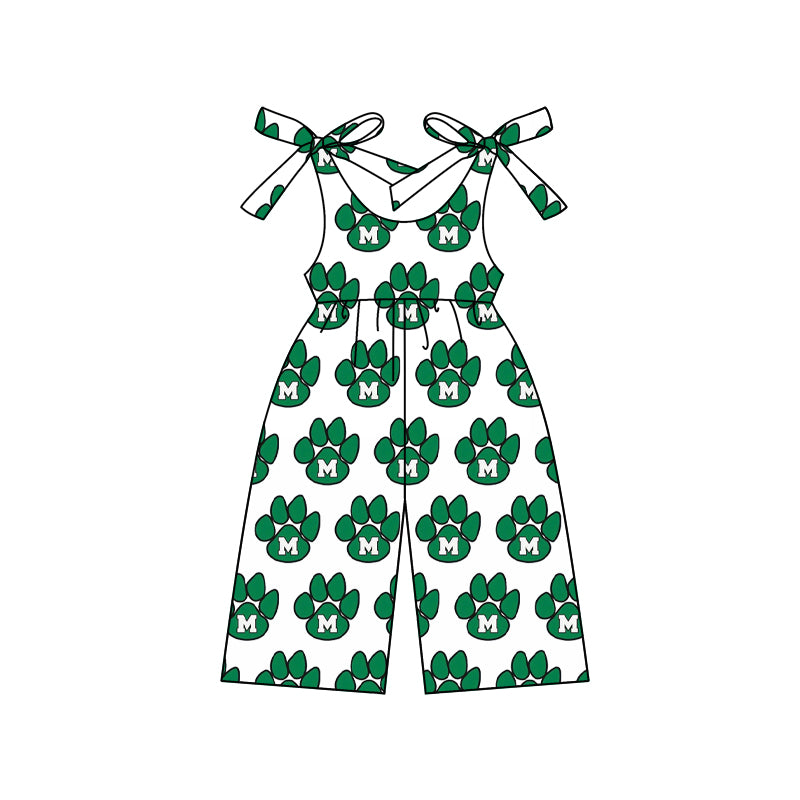 Preorder (moq 5)Baby Girls Green M team Straps Jumpsuits Rompers