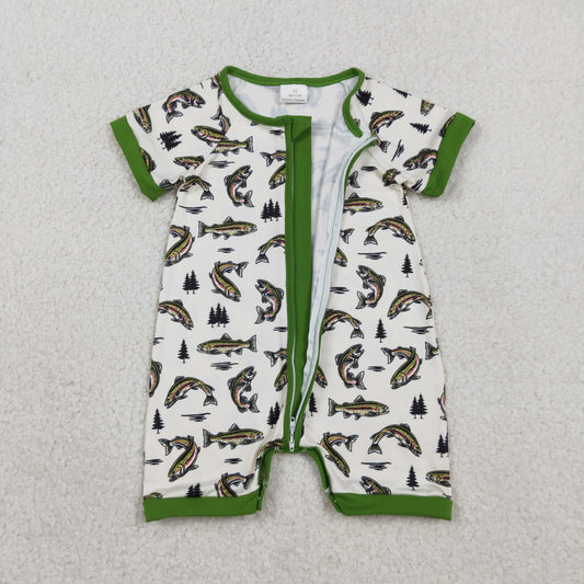 Baby Boys Green Short Sleeves Fishes Hunting Zipper Rompers