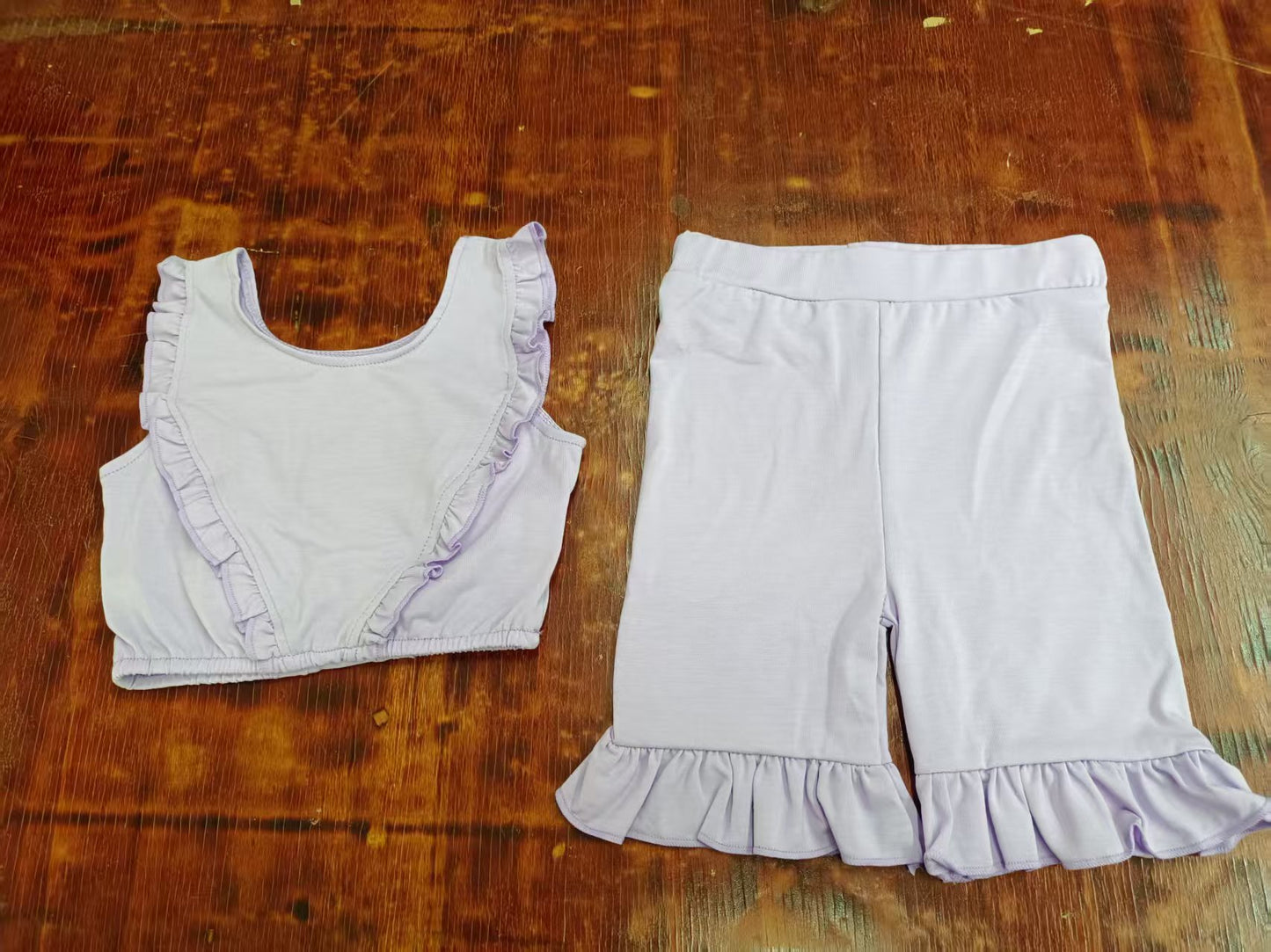 Preorder moq 5 Baby Girls Lavender Sleeveless Ruffle Vest Top Mite Shorts Set