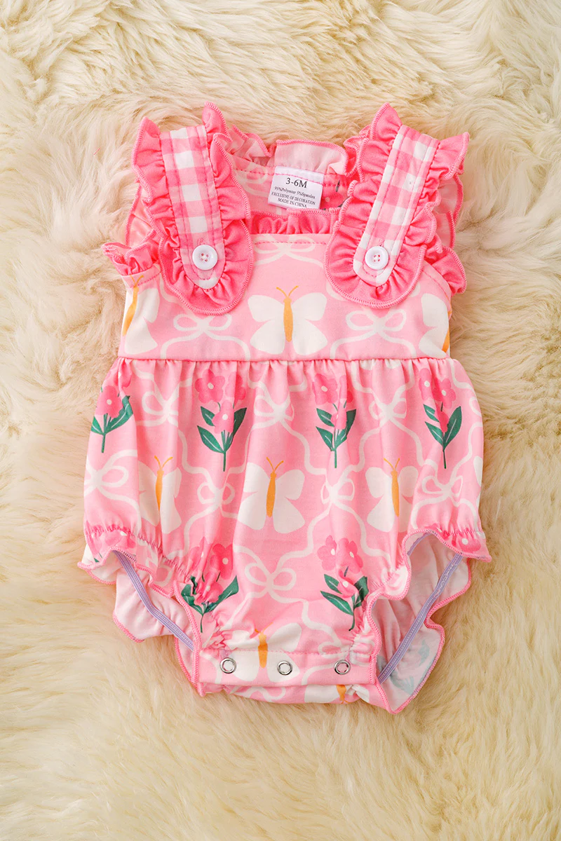 Preorder(moq 5)Baby Infant Girls Pink Sleeveless Floral Bows Butterfly Ruffle Rompers