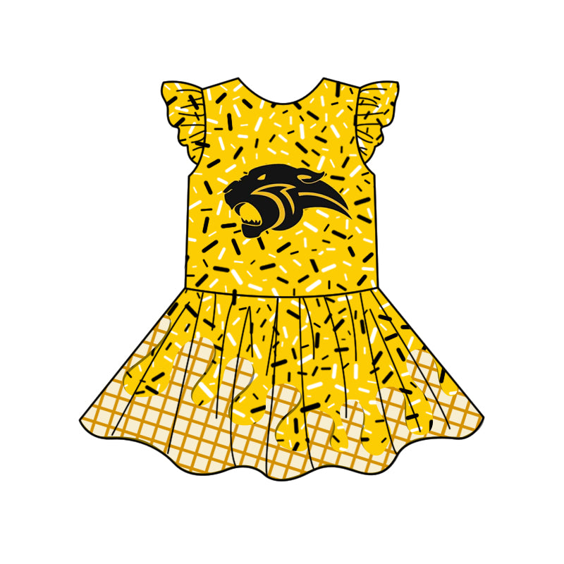 Preorder (moq 5)Baby Girls Golden Team Flutter Sleeve Knee Length Dresses