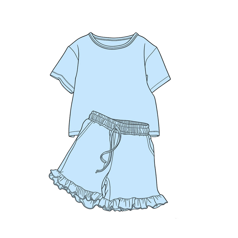 Preorder moq 5 Baby Girls Blue Shirt Top Pockets Ruffle Shorts Clothes Set